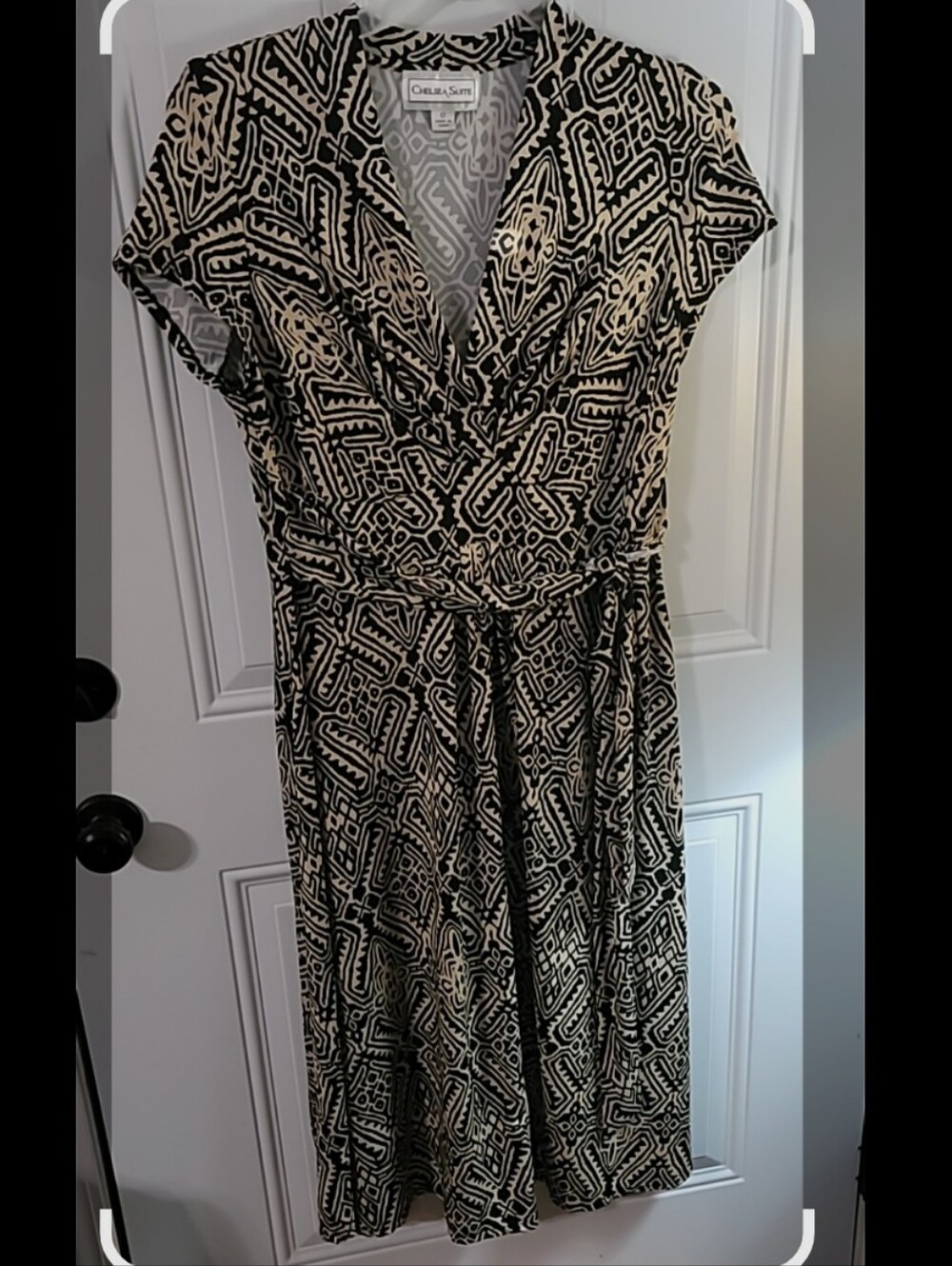 Chelsea Suite  Black & Tan Printed Faux Wrap Dress